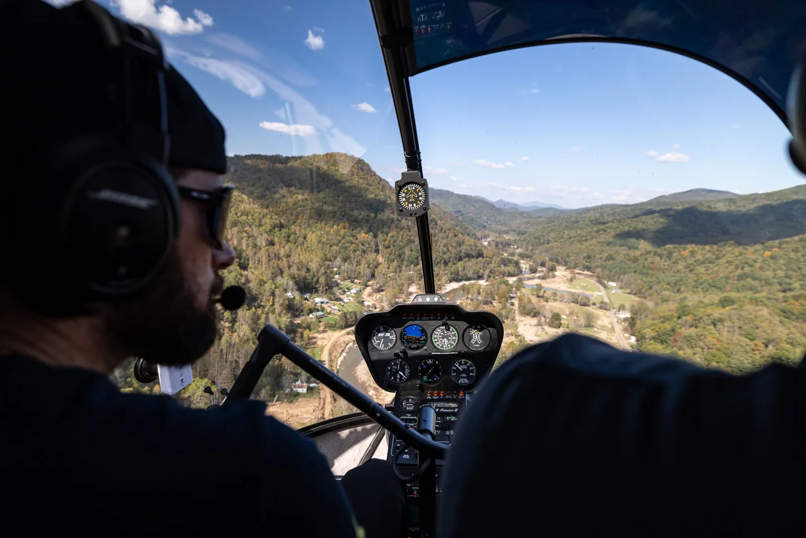 Cockpit view flying over the mountains toward Pensacola during Hurricane Helene response
